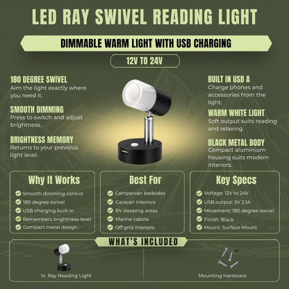 Black Ray swivel LED reading light for adjustable campervan bedside lighting