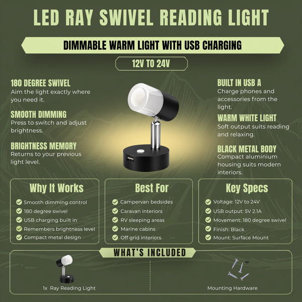 Black Ray swivel LED reading light for adjustable campervan bedside lighting