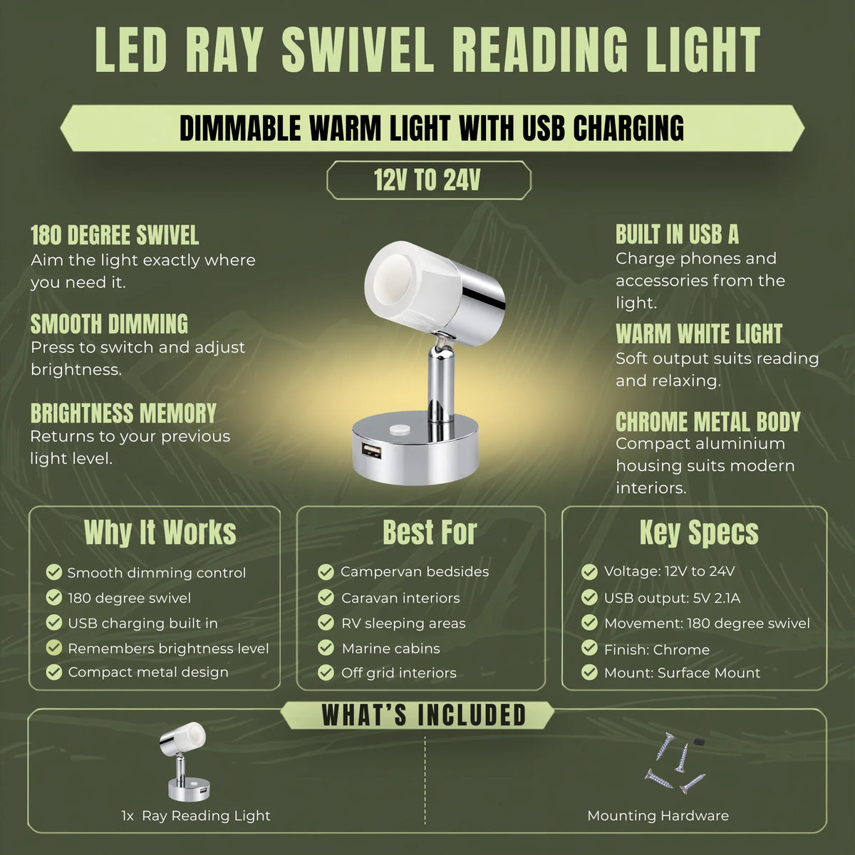 Chrome Ray swivel LED reading light for adjustable campervan bedside lighting