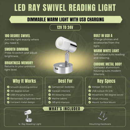 Chrome Ray swivel LED reading light for adjustable campervan bedside lighting