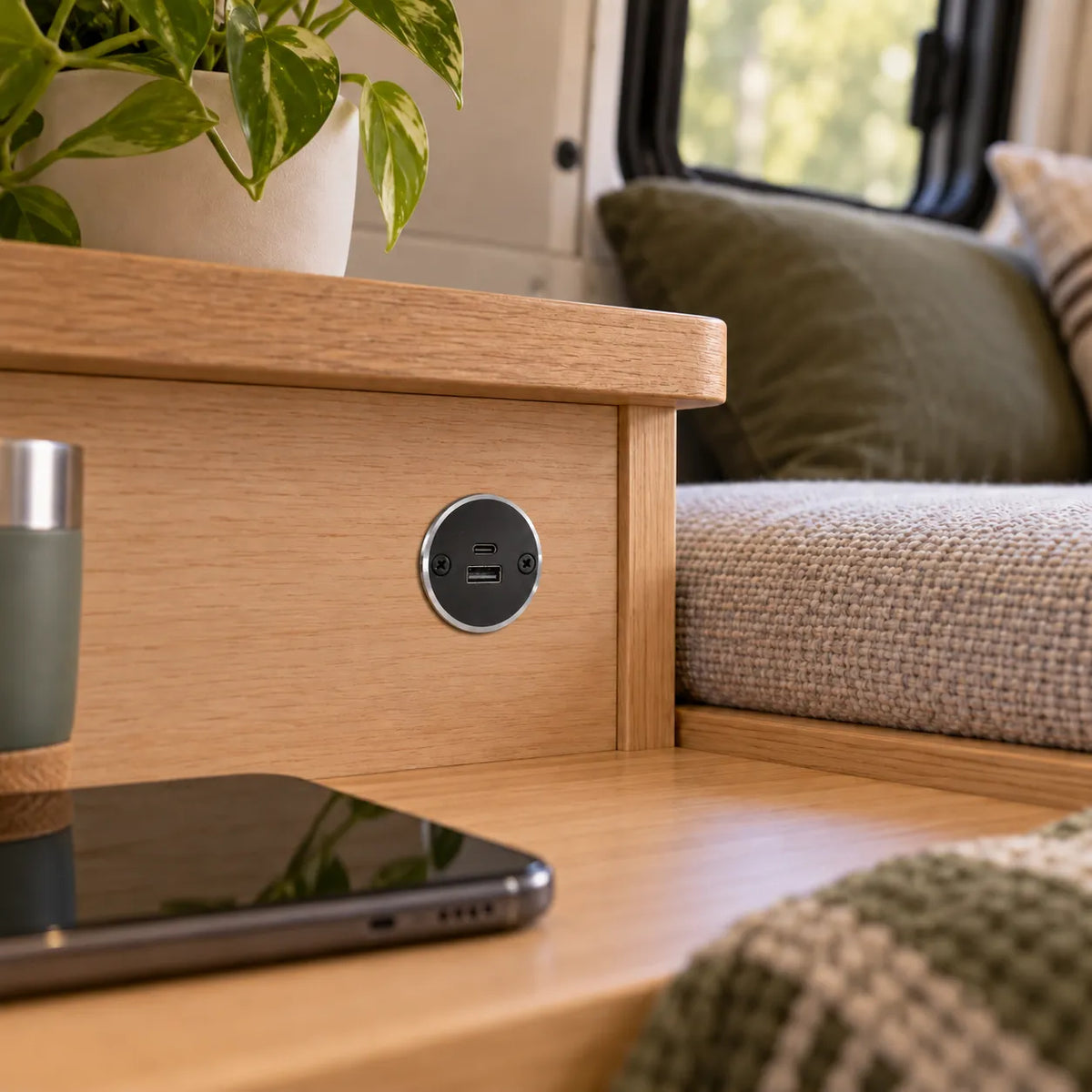 Recessed aluminium caravan USB charging point by Treklo for tidy interior electrical fitouts