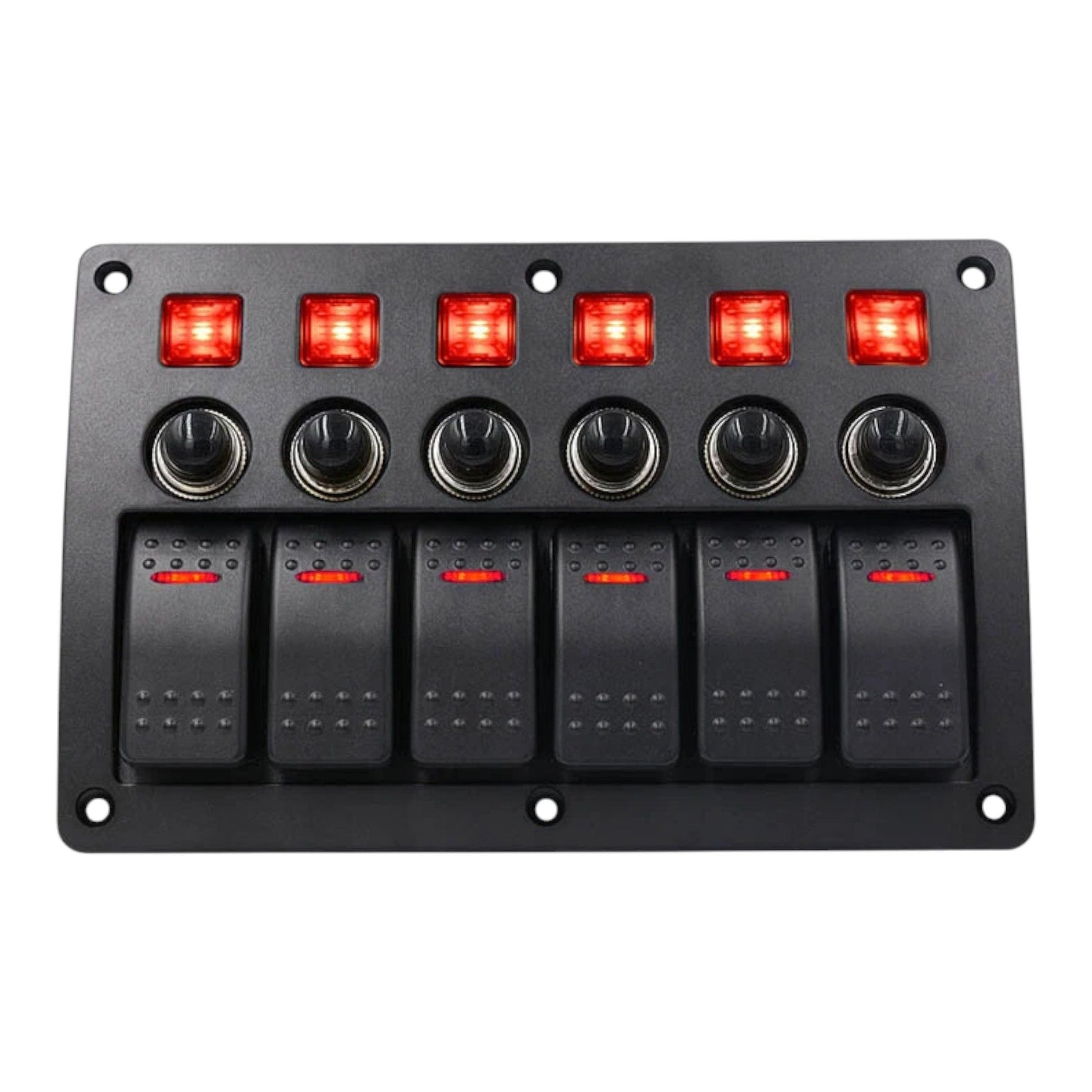 campervan switch panel with 6 rocker switches and red led lights