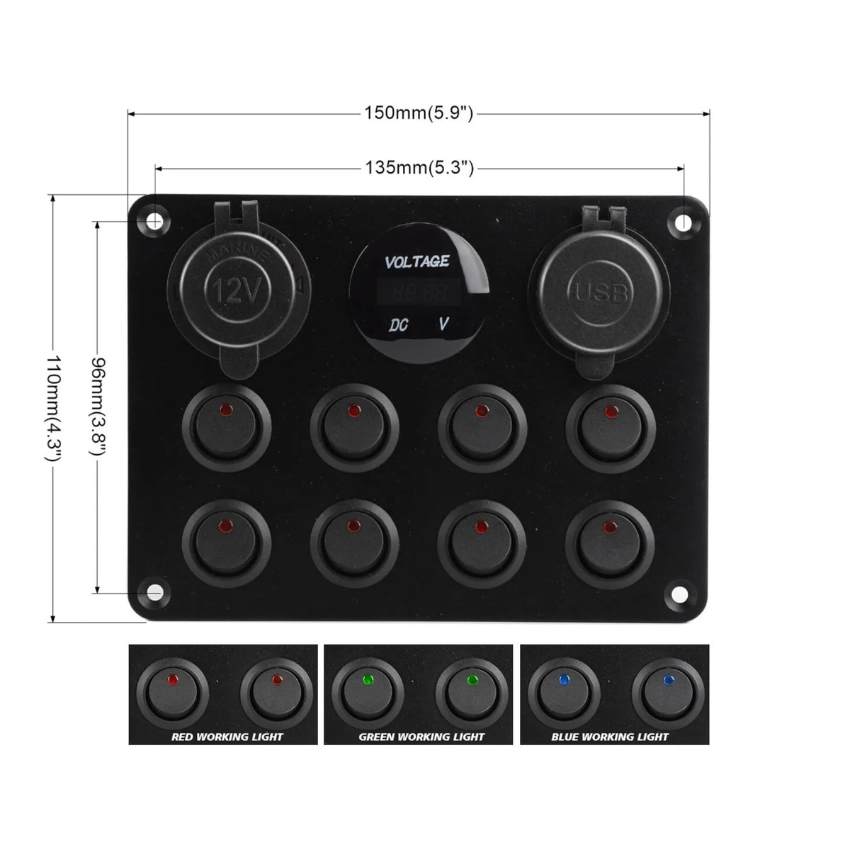 8 Post Rocker Switch 8-Way Rocker Switch Panel with USB, Voltmeter & 12V Socket – Campervan ...