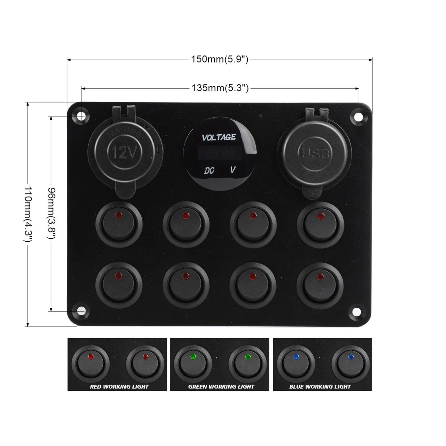 campervan switch panel with 8 rocker switches dual usb and 12v socket