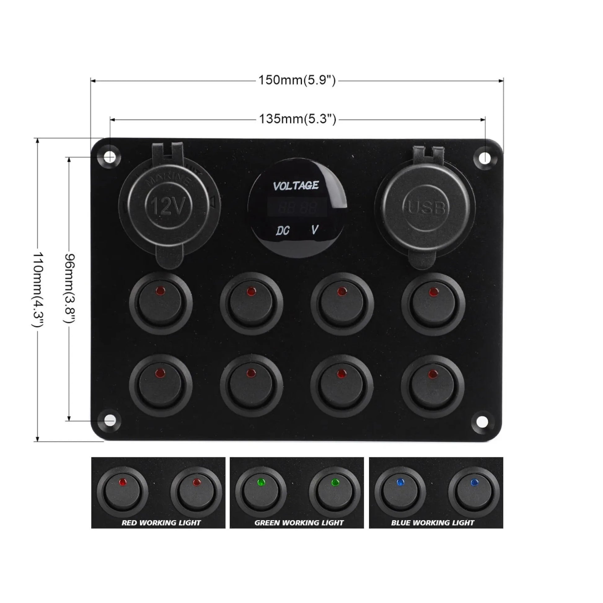 campervan switch panel with 8 rocker switches dual usb and 12v socket