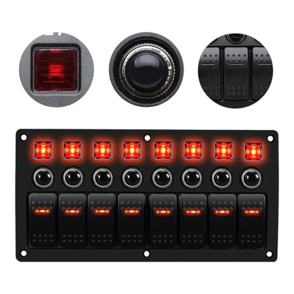 campervan switch panel with 8 rocker switches and red led lights