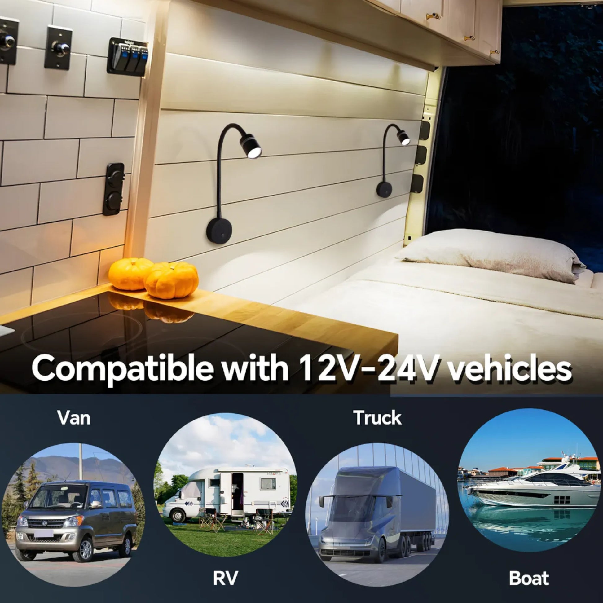 RV black dimmable reading light with built in USB-C port