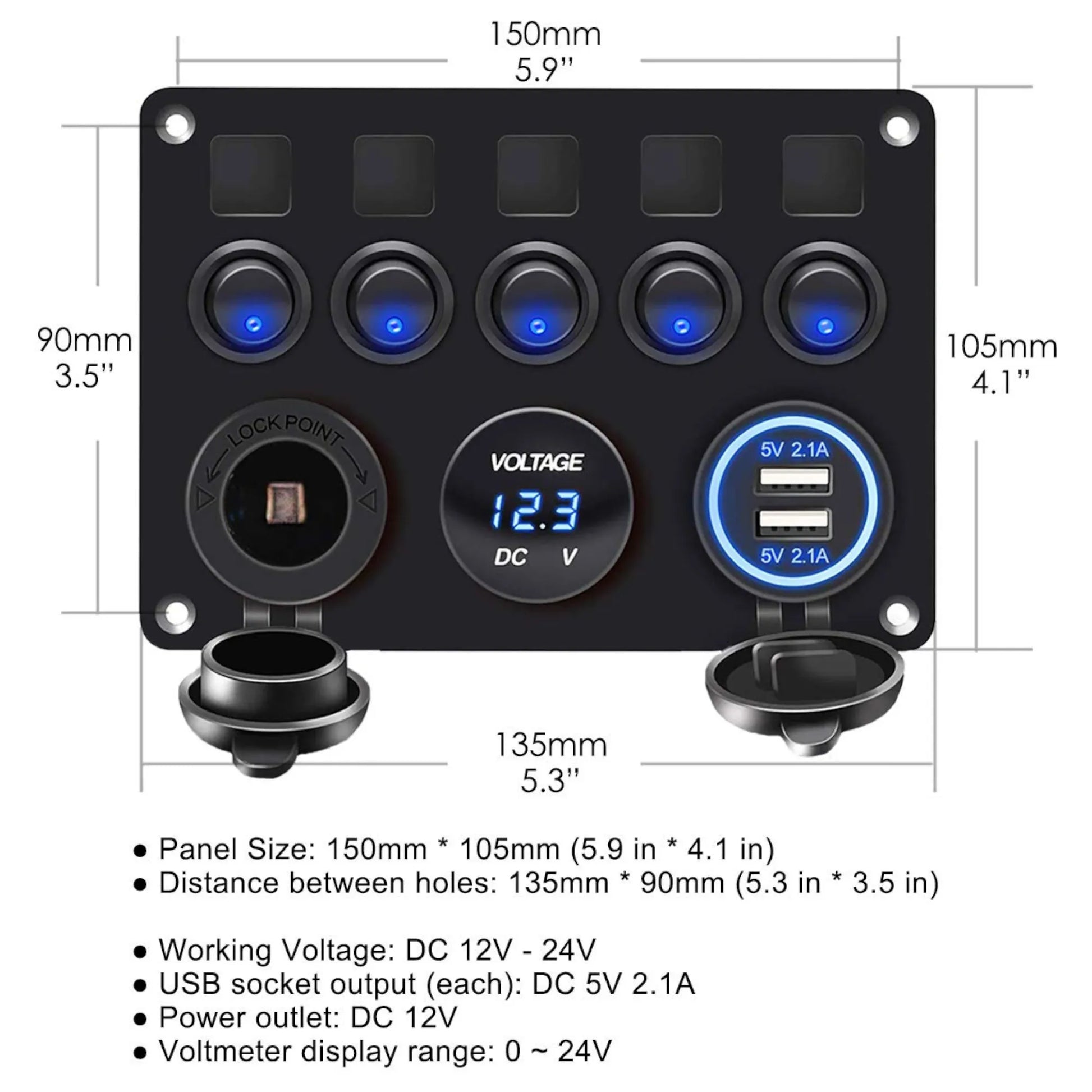 RV 5 gang blue control panel with dual USB A and voltmeter