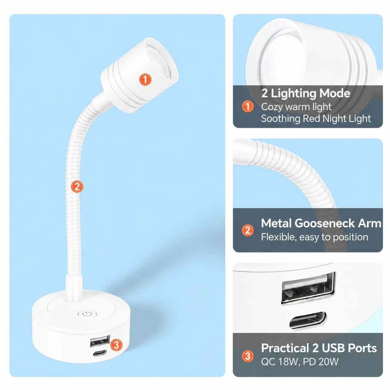 RV reading lights with USB-C USB-A charging and dimmable LED illumination