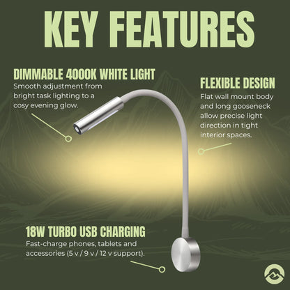 Campervan LED reading light with adjustable arc design for flexible positioning
