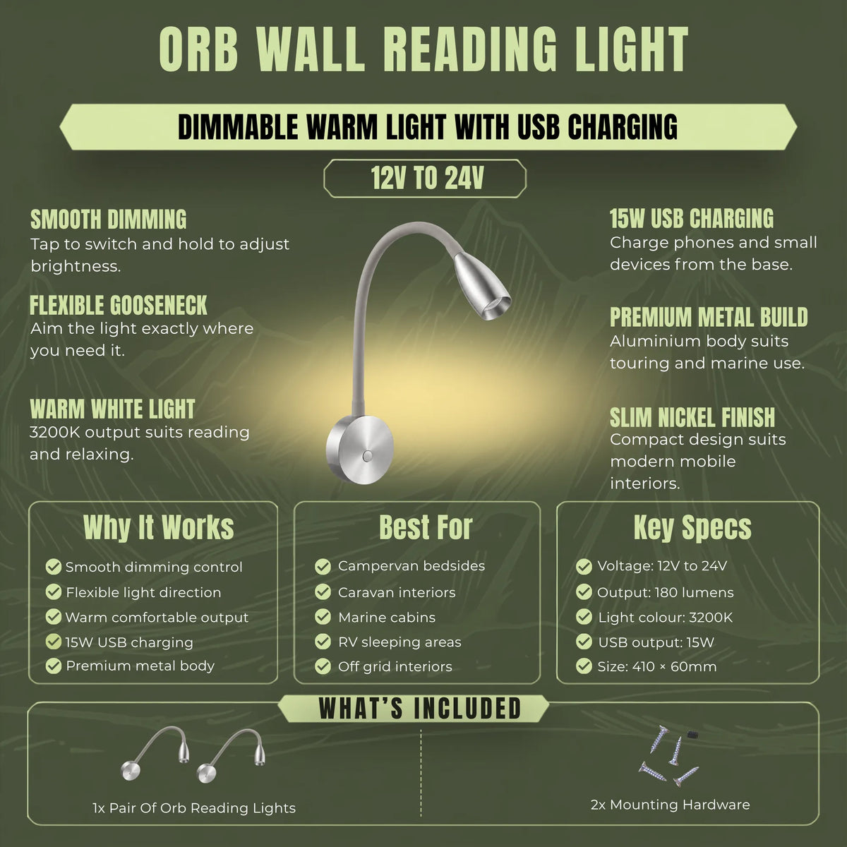 RV bedside reading lights with integrated USB charging for modern interiors