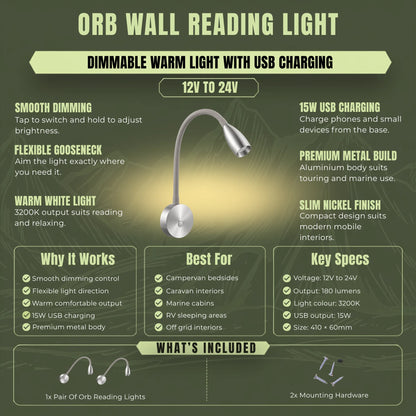 RV bedside reading lights with integrated USB charging for modern interiors