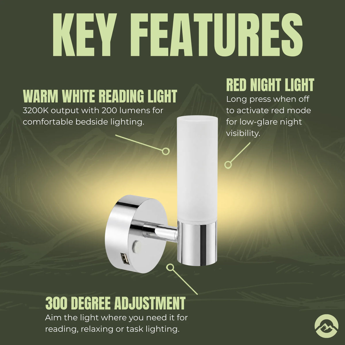 RV Chrome Glo reading lamp for bedside, bunk, and lounge areas