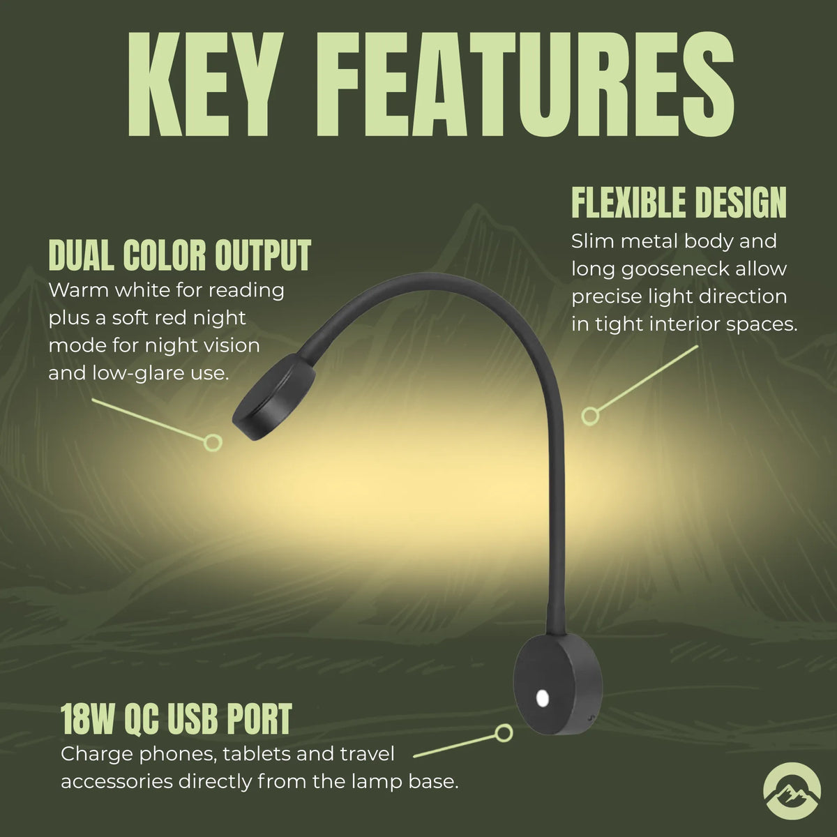 RV reading light with flexible flat arm for modern vehicle interiors