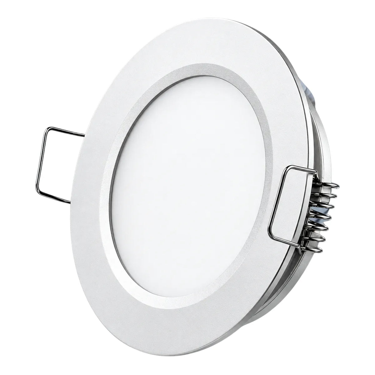 Silver 12v campervan downlights by Treklo for crisp and practical ceiling illumination