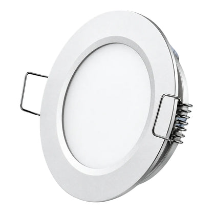 Silver 12v campervan downlights by Treklo for crisp and practical ceiling illumination