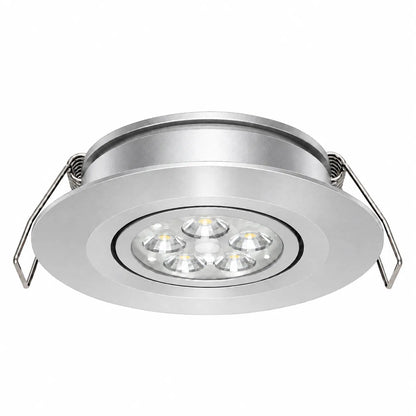 Dimmable silver recessed LEDs with dual colour lighting for modern caravan interiors
