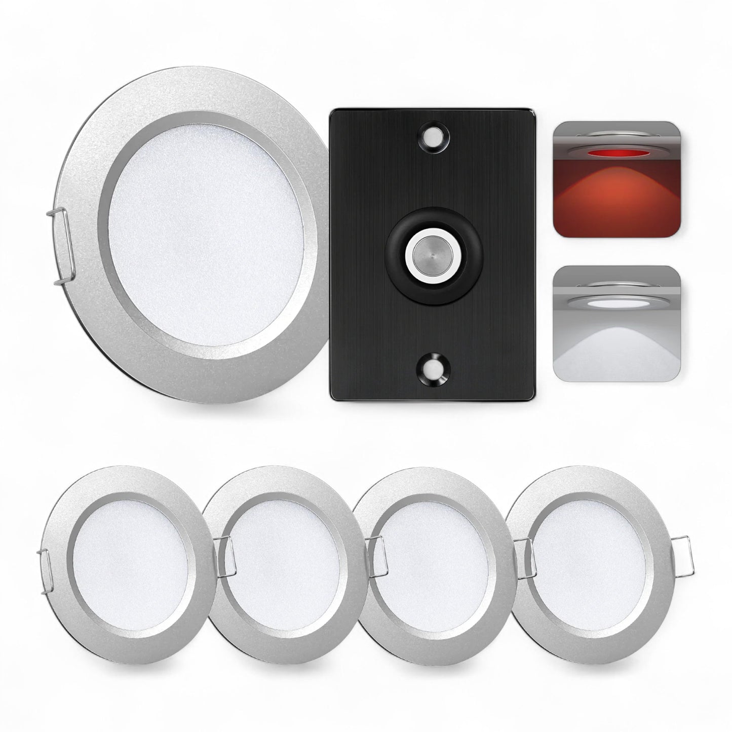 silver cool white downlight kit shown as a four-piece set