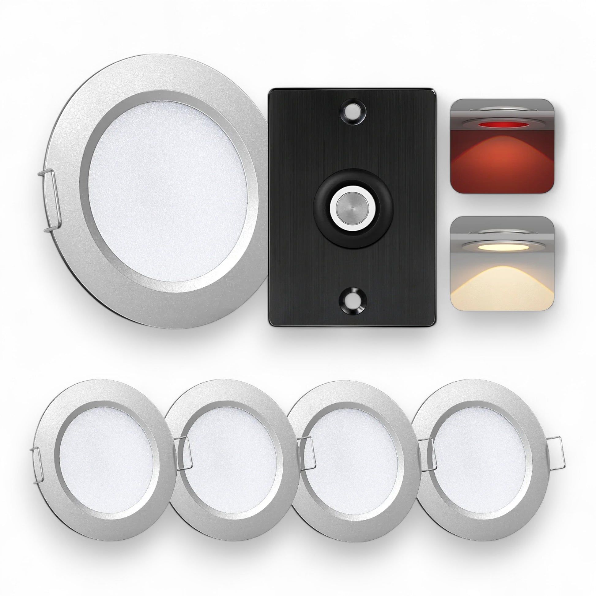 silver warm white downlight kit shown as four-piece set
