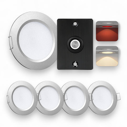 silver warm white downlight kit shown as four-piece set