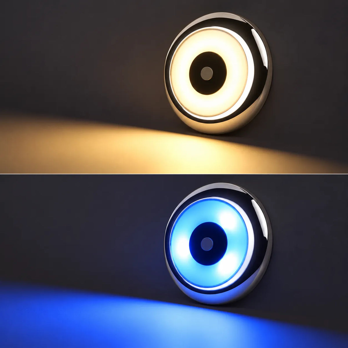 Silver LED dome lights by Treklo with blue night mode for versatile recreational vehicle illumination