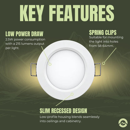 Silver Treklo marine LED downlights with cool white lighting for boat cabin fitouts