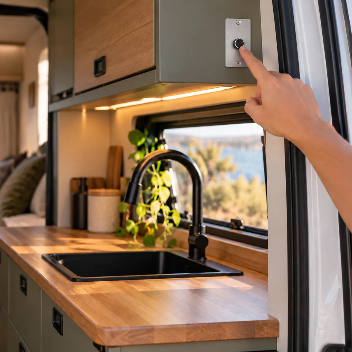 Silver panel Treklo LED dimming control for RV and motorhome interior lighting systems