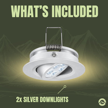 Silver pivoting LED ceiling light pair for adjustable lighting inside motorhomes
