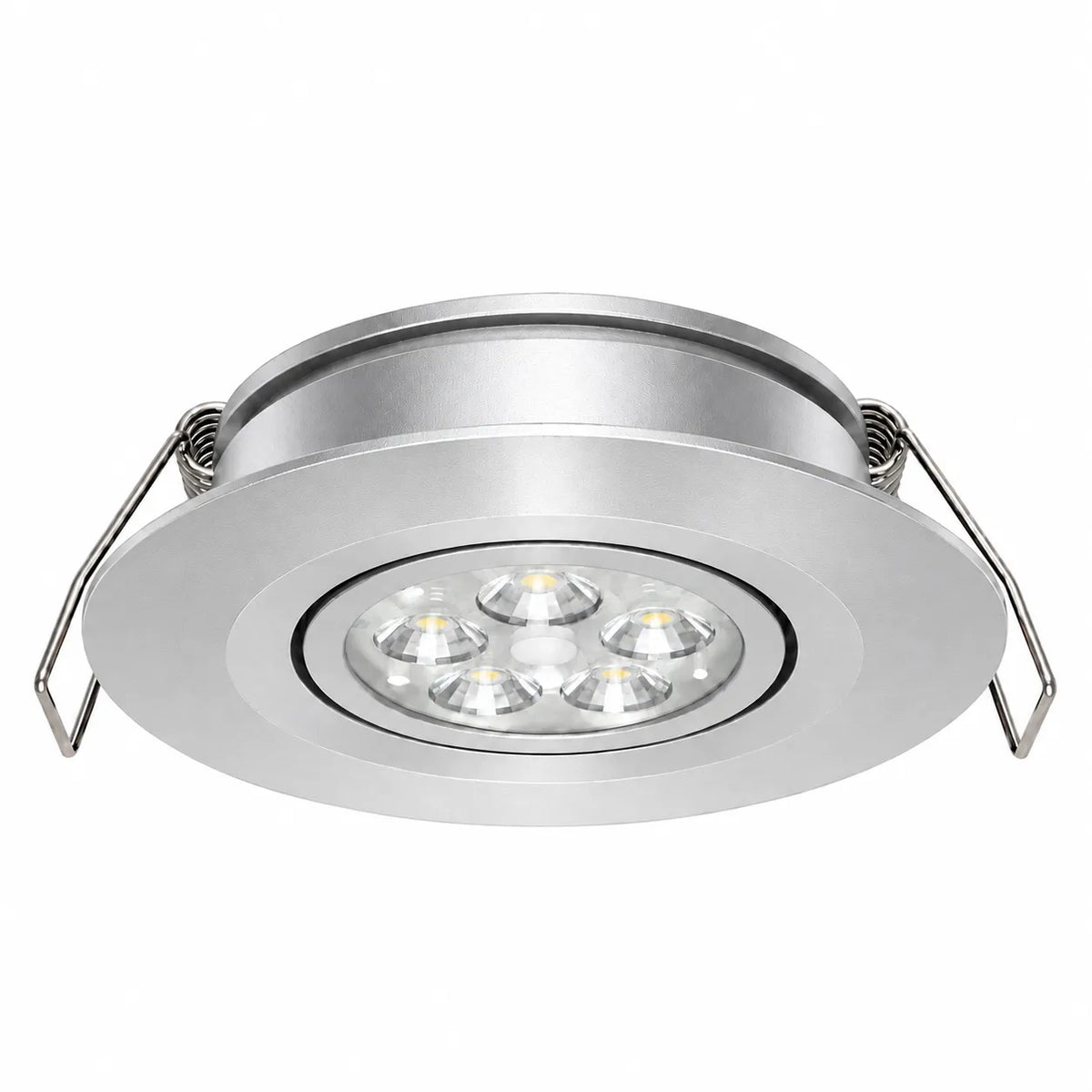 Dual mode silver recessed downlights with dimming for comfortable caravan ceiling lighting