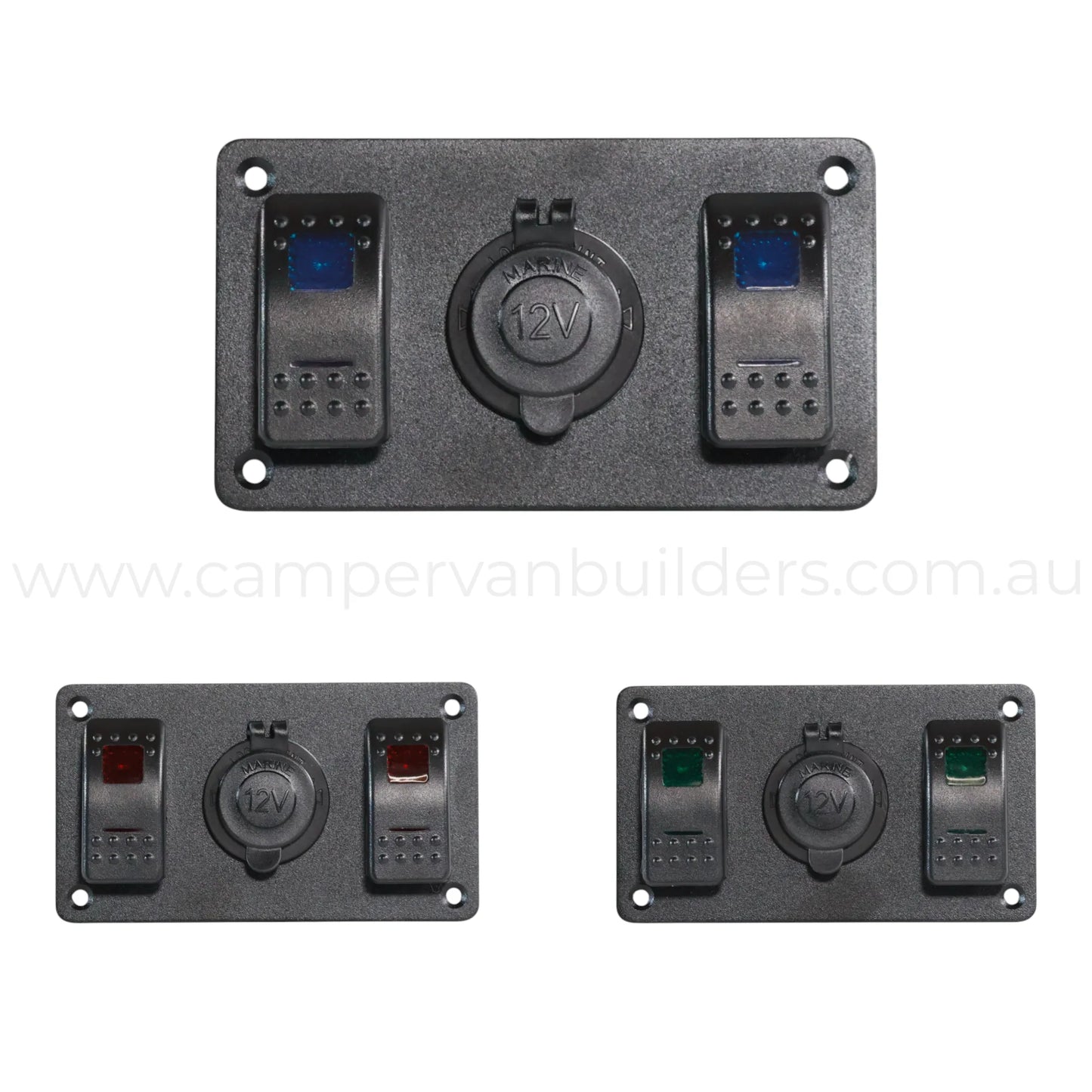 marine style 2 gang switch panel with 12v power socket and single led illumination
