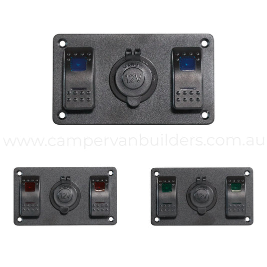 marine style 2 gang switch panel with 12v power socket and single led illumination