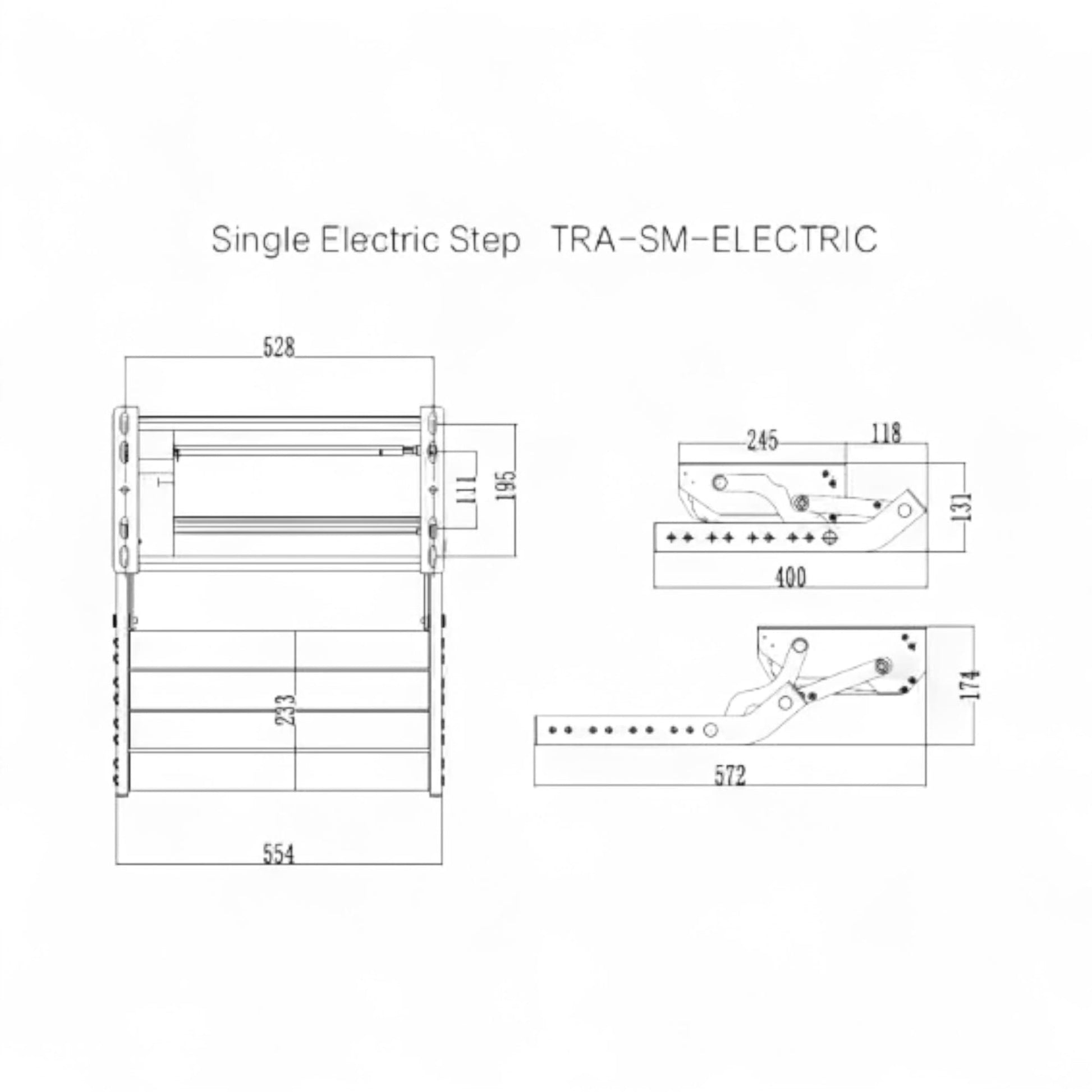Technical drawing of a single electric step with dimensions labeled