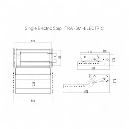 Technical drawing of a single electric step with dimensions labeled