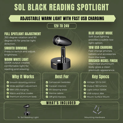 Gun metal gloss black Sol LED reading spotlight for caravan and campervan bedside lighting