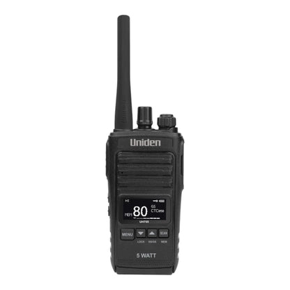 Splashproof handheld UHF radio pack for camping and touring.