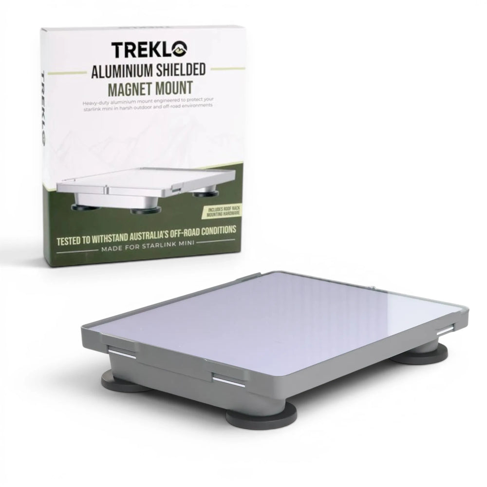 Treklo aluminium shielded magnet mount with packaging on a white background