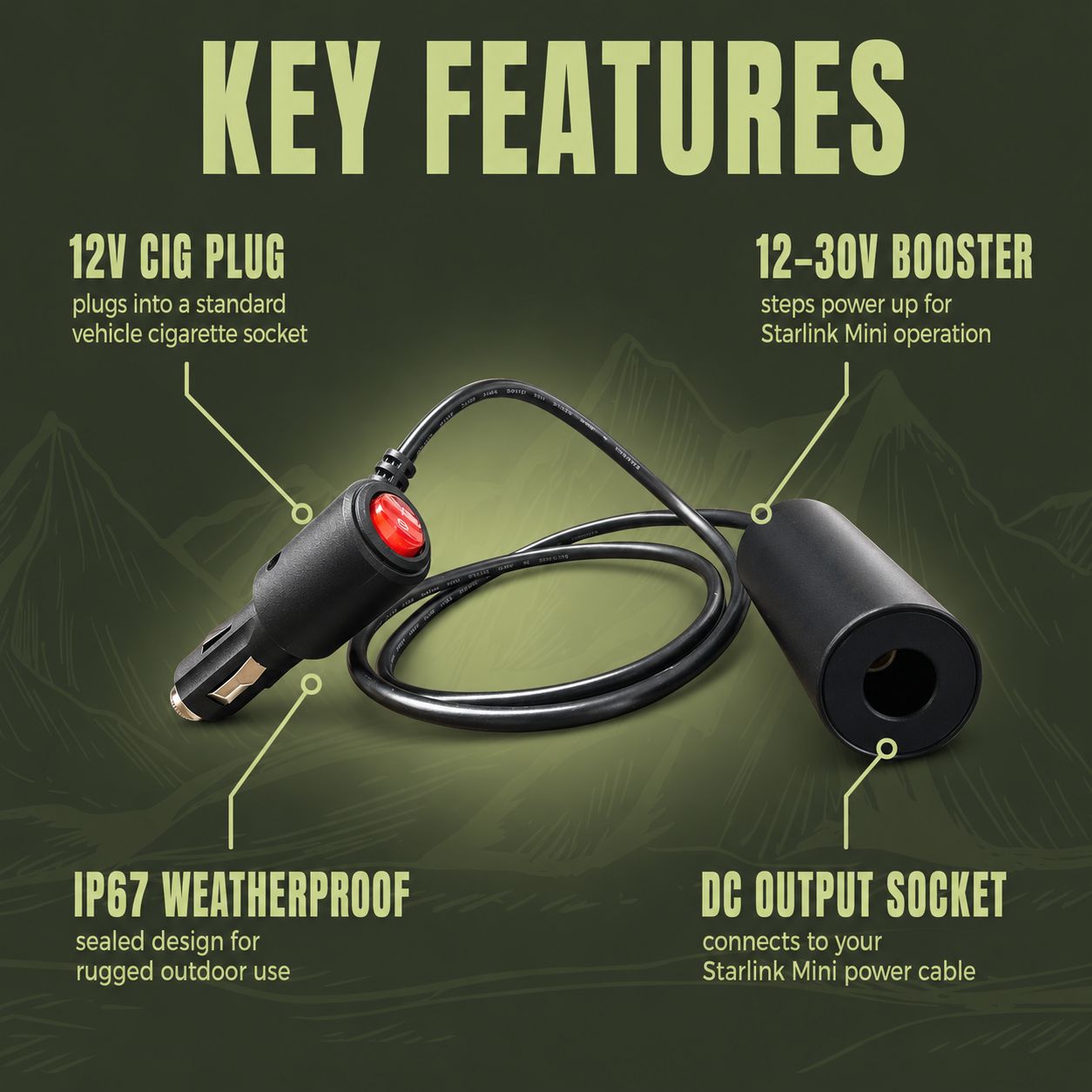 Waterproof IP67 power cable for Starlink Mini 12v vehicle installations