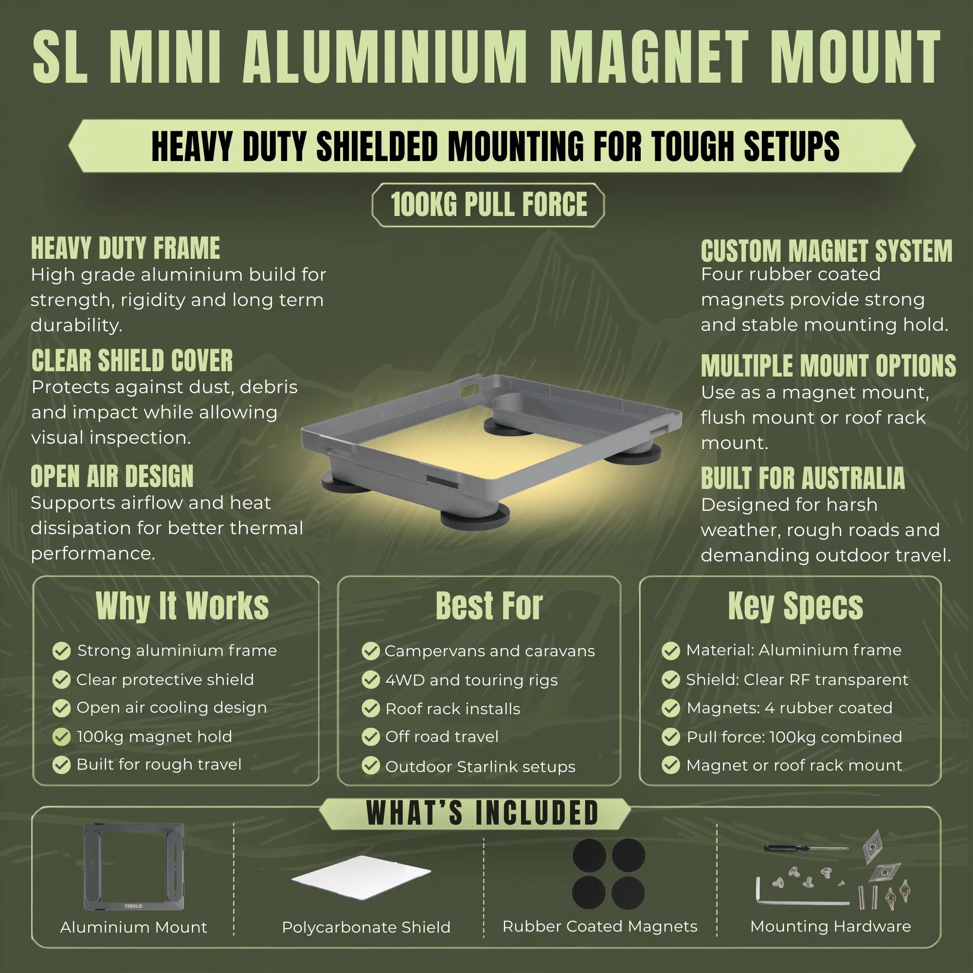 Shielded heavy duty aluminium magnet mount for Starlink Mini vehicle installations