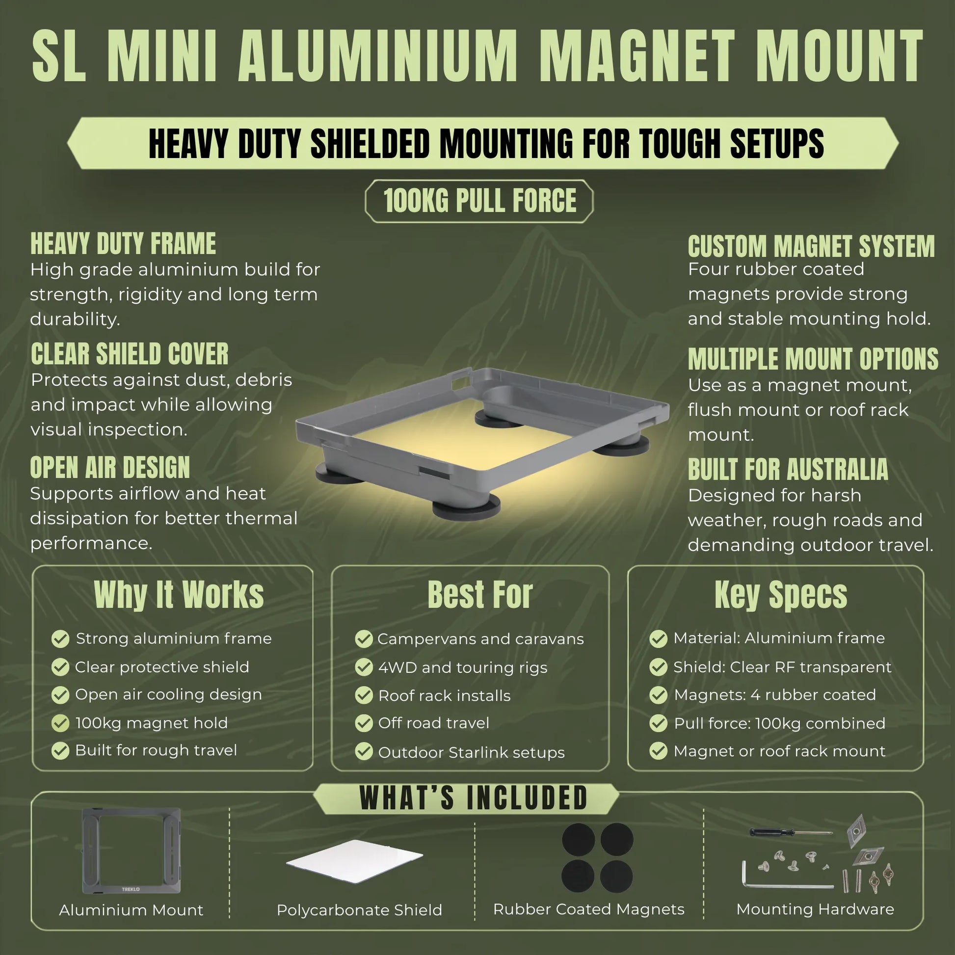 Shielded heavy duty aluminium magnet mount for Starlink Mini vehicle installations