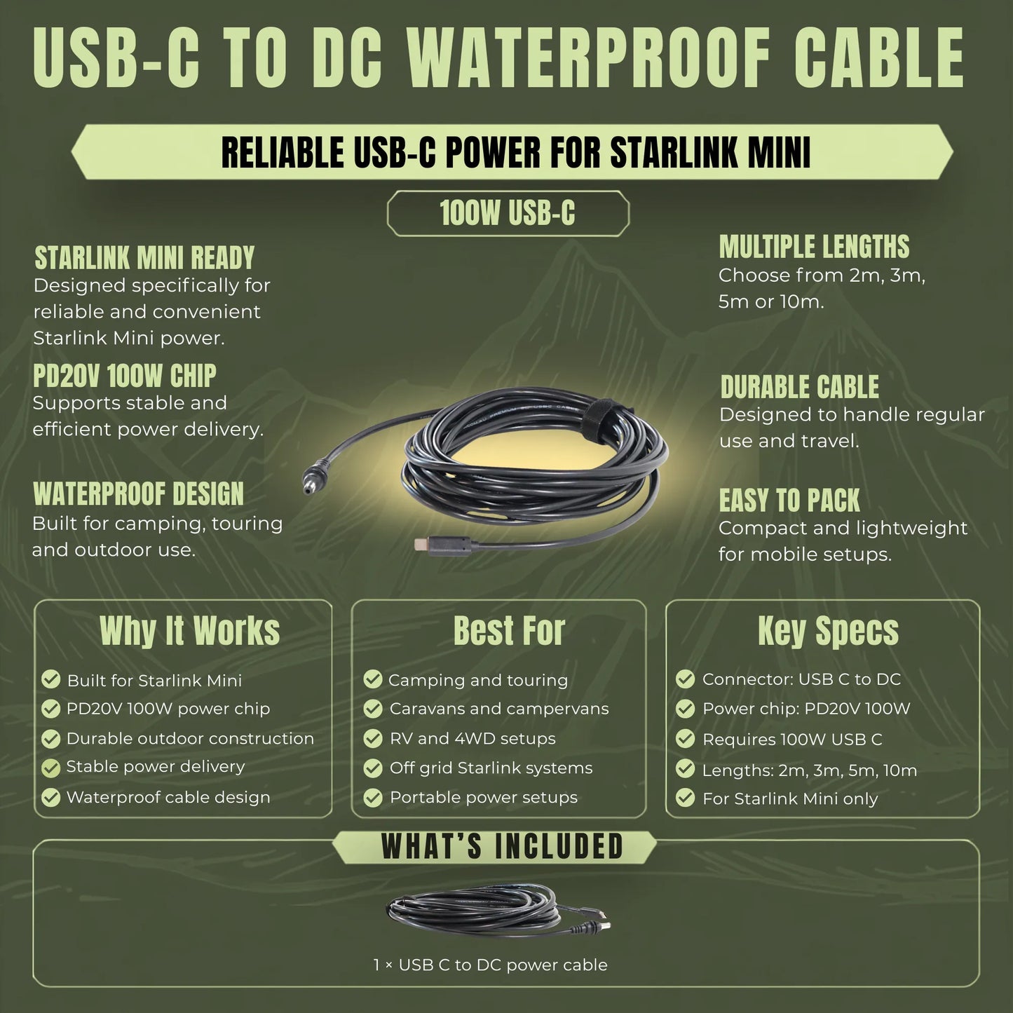 USB C to DC power cable for Starlink Mini caravan and campervan installations