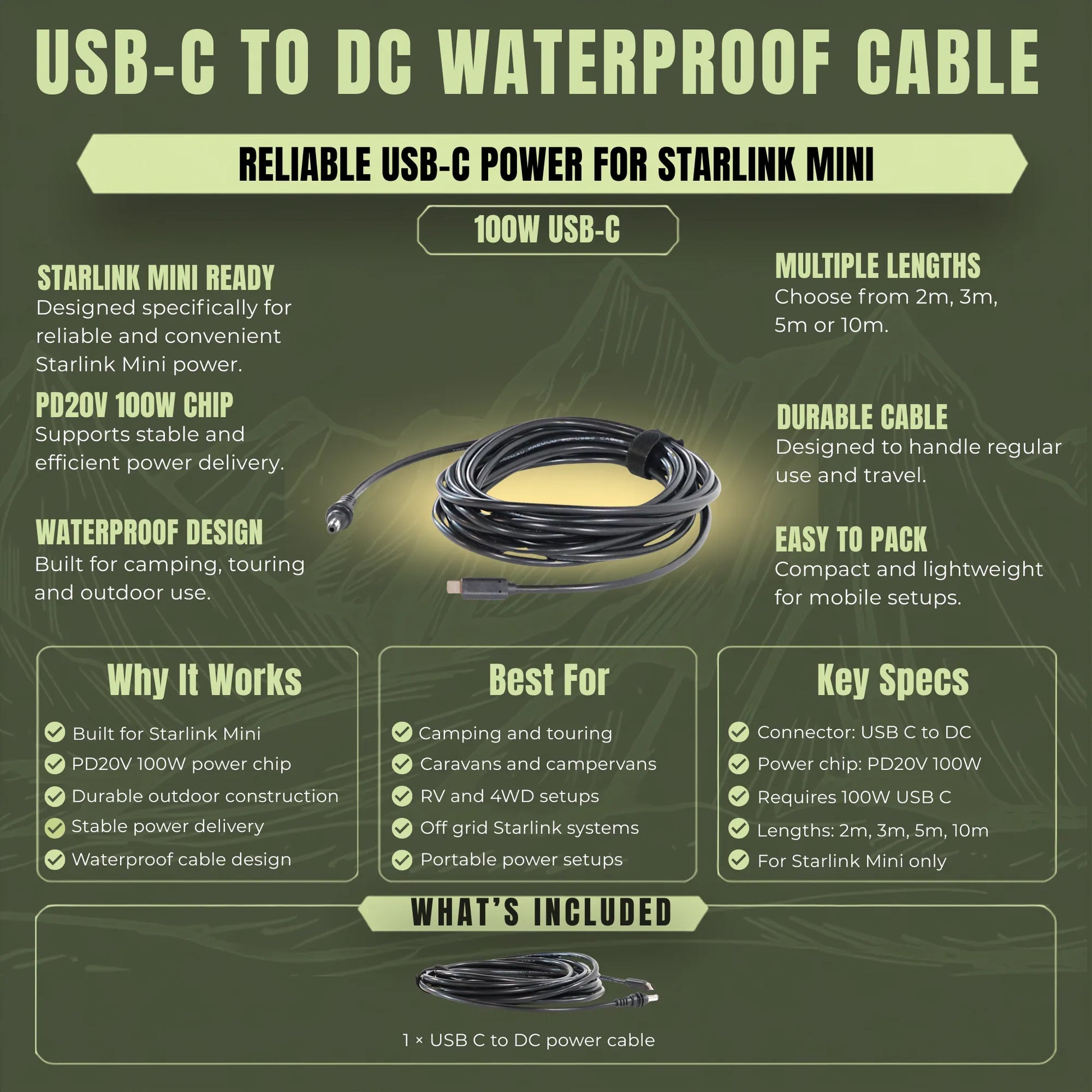 USB C to DC power cable for Starlink Mini caravan and campervan installations
