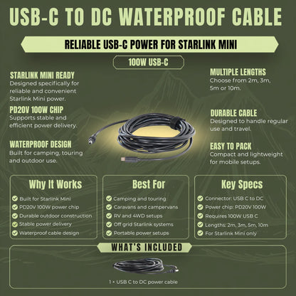 USB C to DC power cable for Starlink Mini caravan and campervan installations