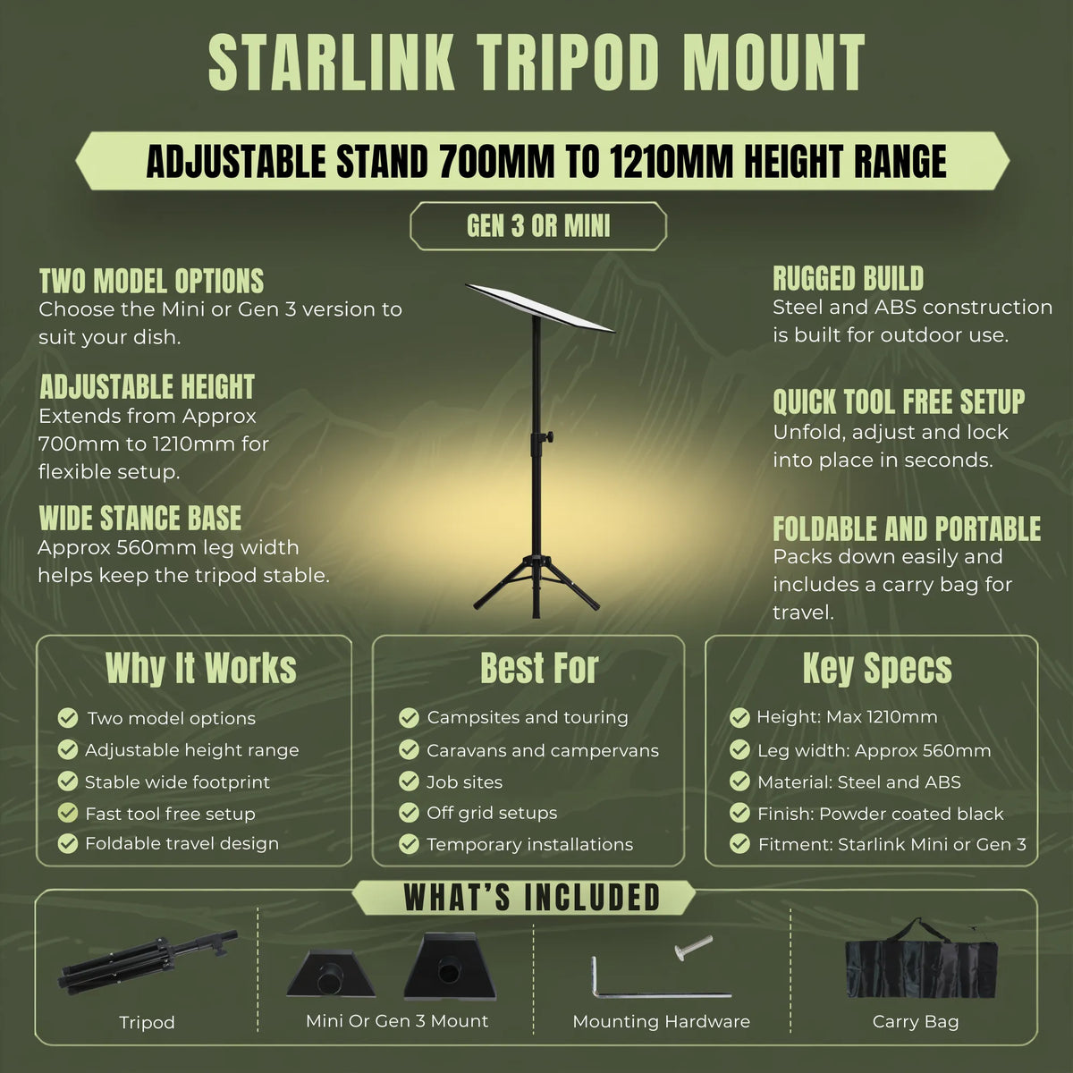Portable tripod compatible with Starlink Mini and Gen 3 for stable outdoor installations