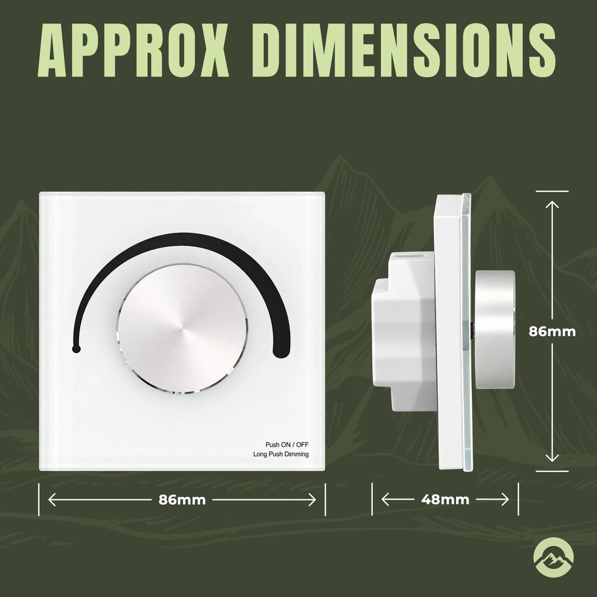 T1-K white rotary dimmer dimensions: 86 x 86mm glass panel, 48mm deep