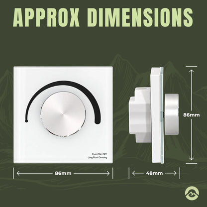 T1-K white rotary dimmer dimensions: 86 x 86mm glass panel, 48mm deep