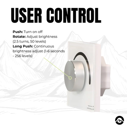 T1-K white rotary dimmer controls: push for on/off, rotate to adjust brightness, long push for continuous dimming