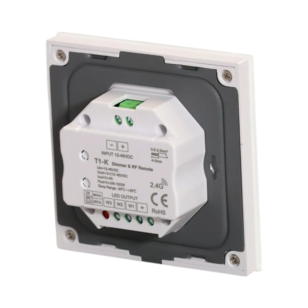 Rear of the T1-K white rotary dimmer showing the 12–48V DC input and 3-channel LED output terminals