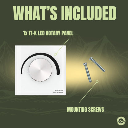 What's included with the T1-K white rotary dimmer: 1 x LED rotary panel and mounting screws
