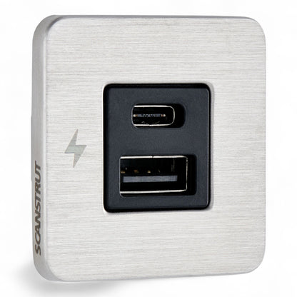 TILE USB-A and USB-C interior charging socket with stainless steel bezel for caravan, rv, and campervan installs