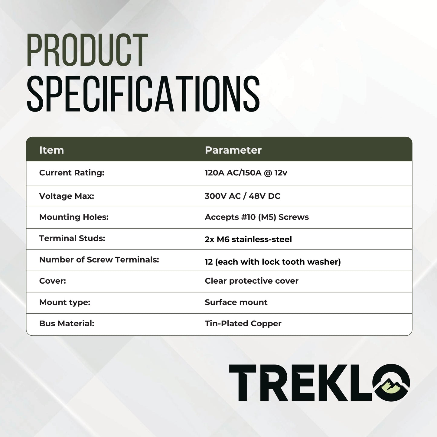 treklo busbar 150a with 12 m4 bolts and 2 mounting screws